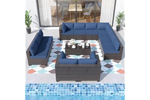 ALAULM 14 Pieces Outdoor Patio Furniture Set Sectional Sofa Sets Brown PE Rattan Patio Conversation Set w/12 Navy Blue Seat Cushions and 2 Coffee Tables
