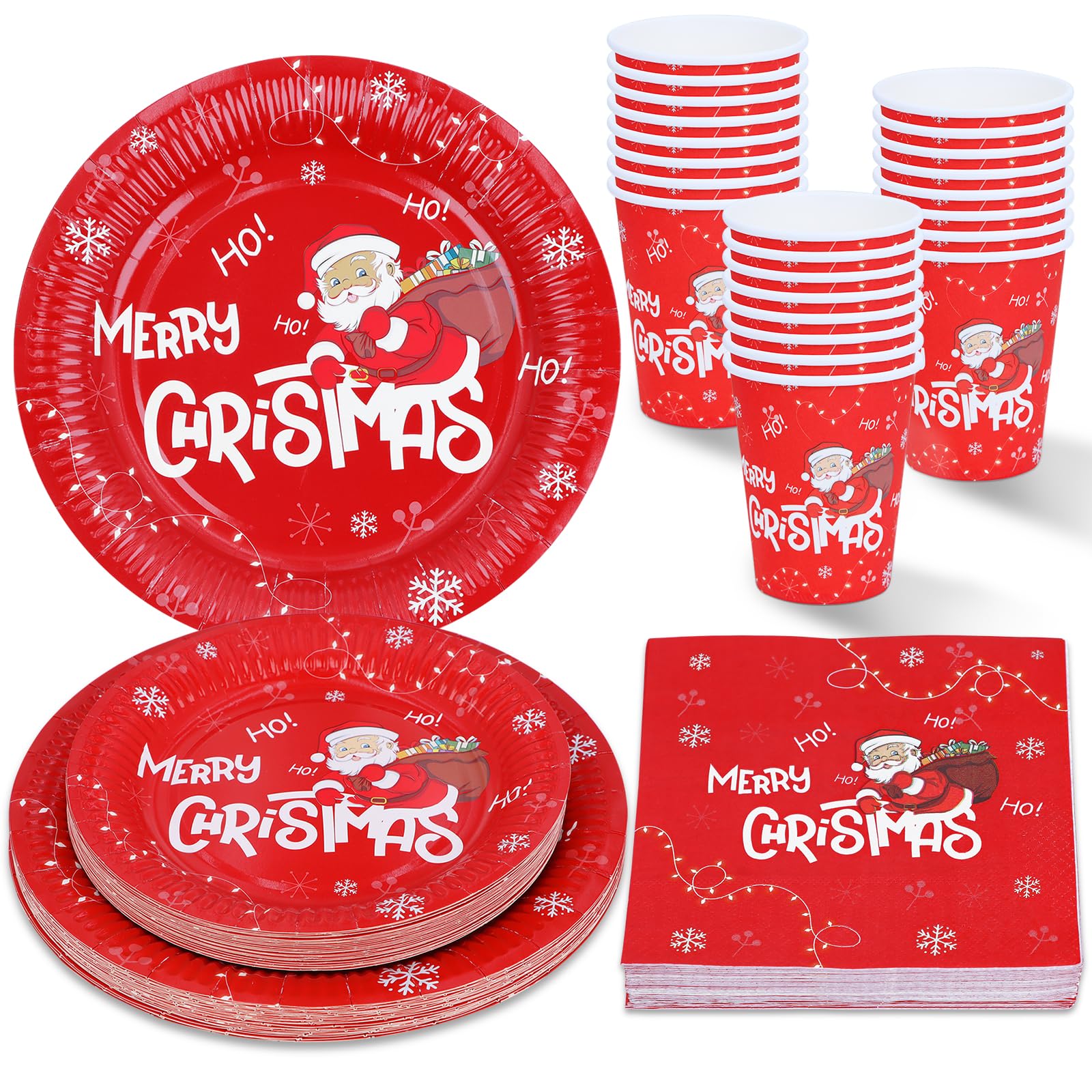 ZVK Christmas Santa Claus Party Paper Plates Napkins and Cups Pack of 96 Red Disposable Tableware Set Party Supplies