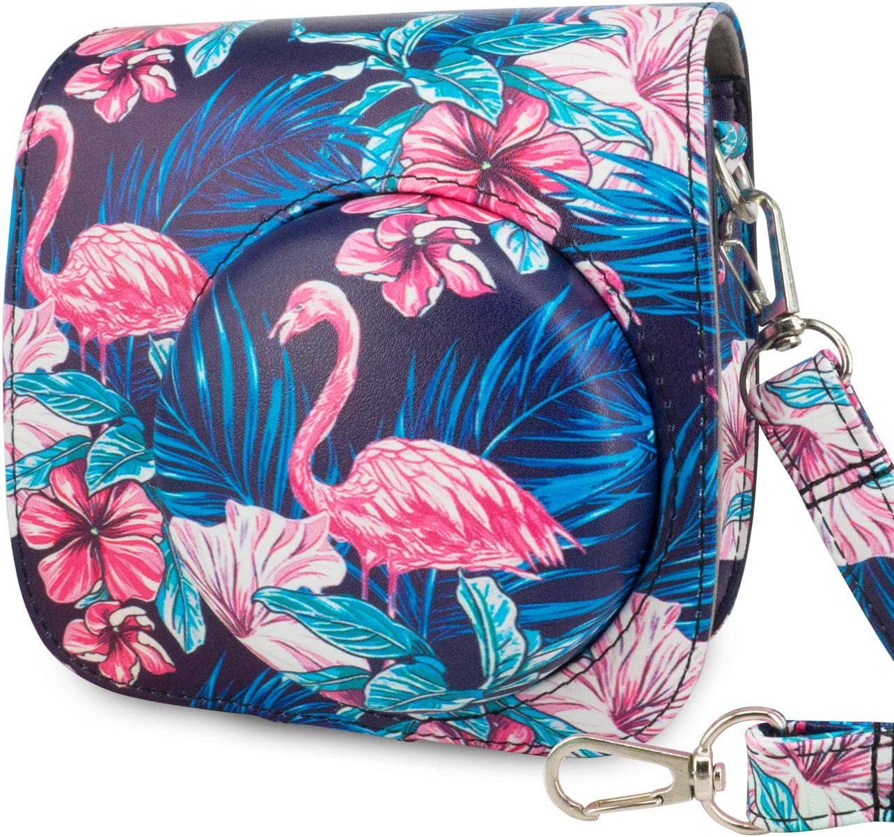 WOLVEN Protective Case Bag Purse Compatible with Fuji Instax Instant Mini 9 / Mini 8 / Mini 8+ Instant Camera, Dark Blue Flamingo
