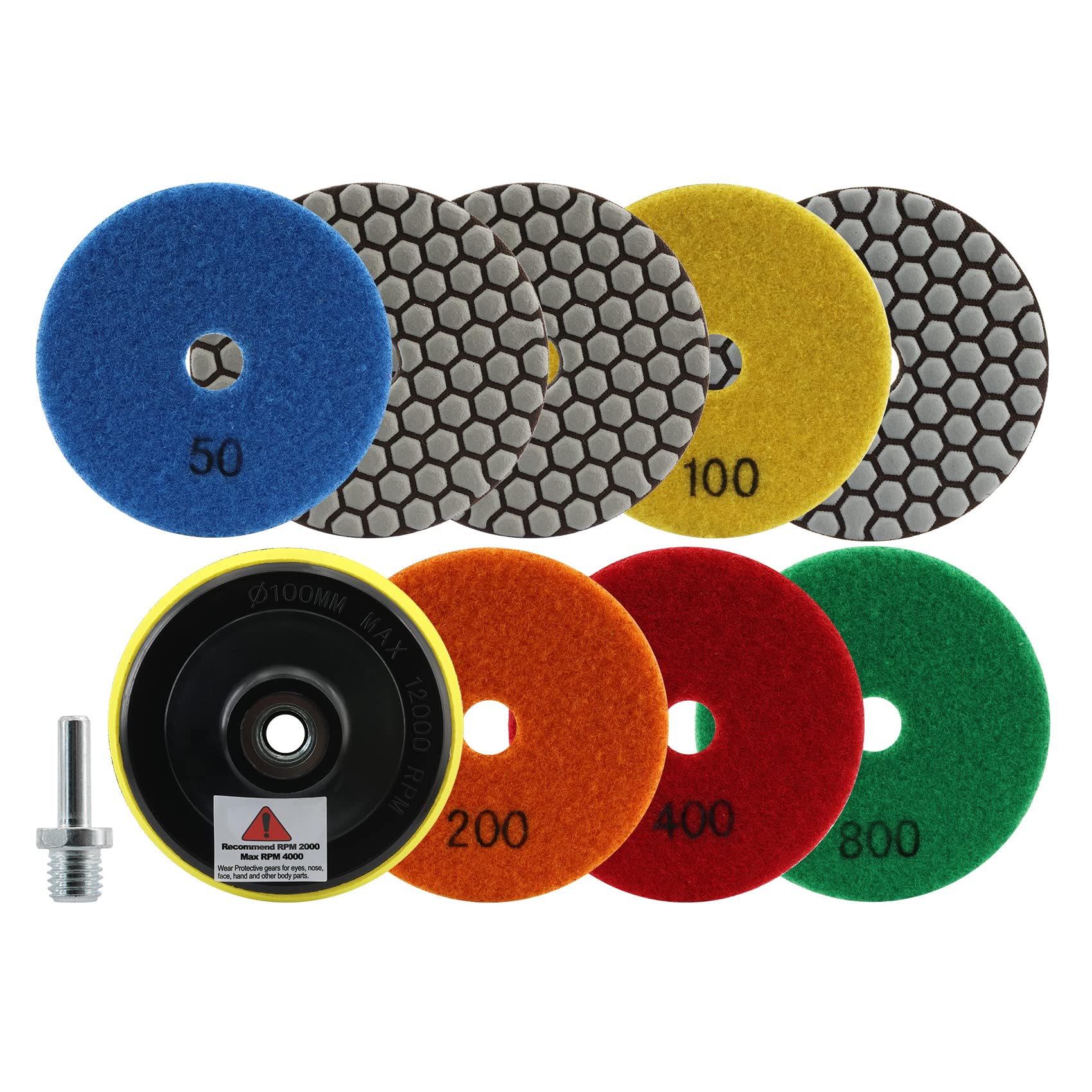 FOCSTOL Diamond Dry Polishing Discs – Pack of 8 100 mm (#50 x 3 + #100 x 2 + #200/#400/#800 x 1) Diamond Sanding Pad M14 Underlay for Granite Marble Artificial Stone Quartz for Angle Grinder