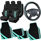 CAR PASS Piping Leather Universal Fit Steering Wheel Cover, Cloth Car Seat Covers Full Set, Waterproof Edge Leather Floor Mats, Car Accessories Interior Sets, Black and Mint
