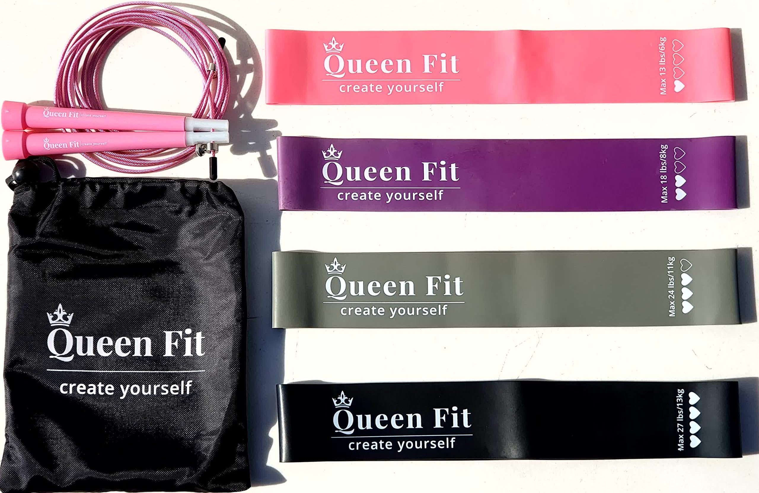 QueenFit Resistance Loop Exercise Bands with Free Jump Rope | Therapy Mini Loop Bands | Includes Free Mesh Carrying Bag
