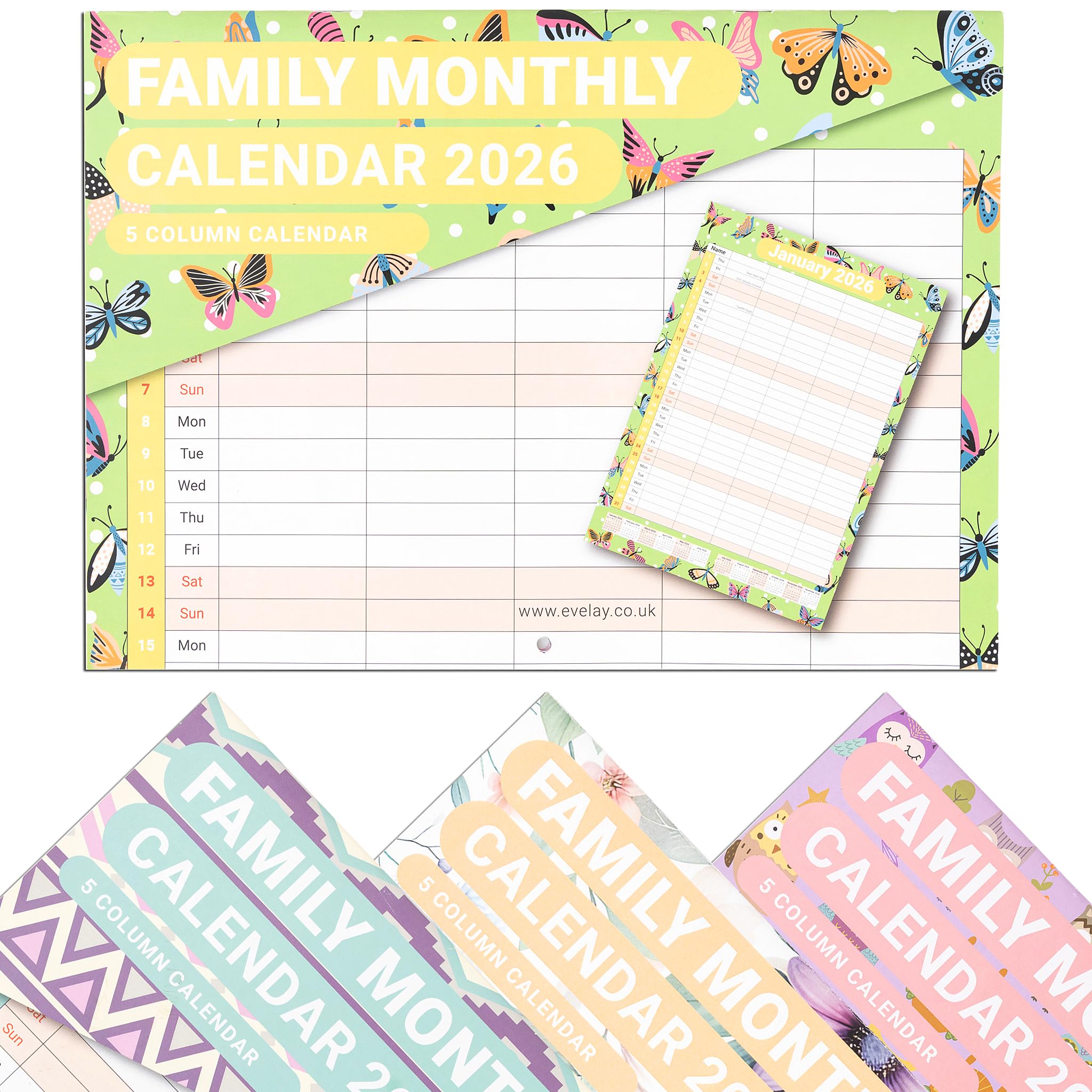 evelay 2026 Family Calendar Month to View 5 Columns A3 When Open Hanging Wall Planner Organiser (Butterfly)