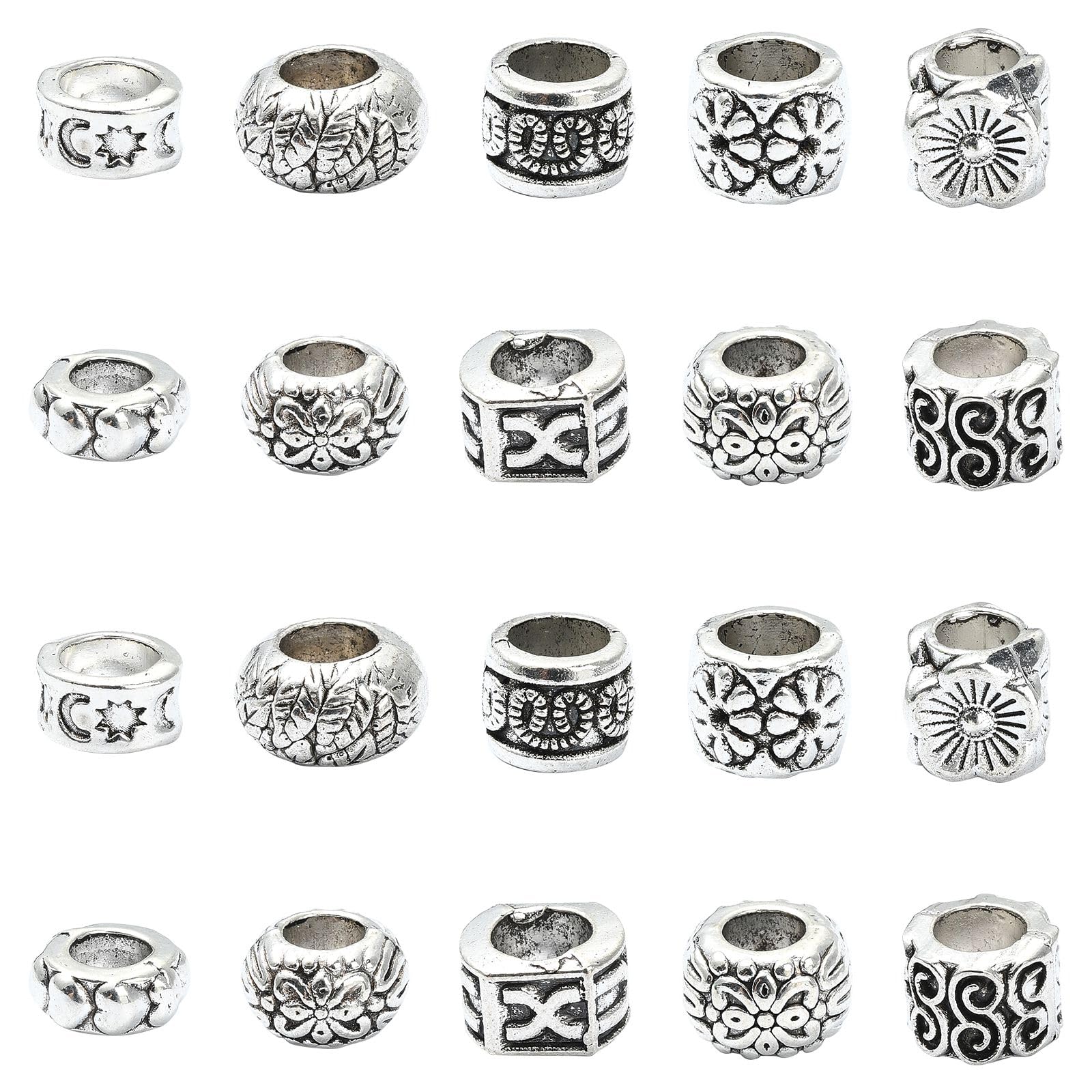 Stiesy 100Pcs 10 Styles Antique Silver Large Hole Beads Vintage European Beads Tibetan Macrame Spacer Loose Beads for DIY Snake Chain Bracelet Jewelry Making