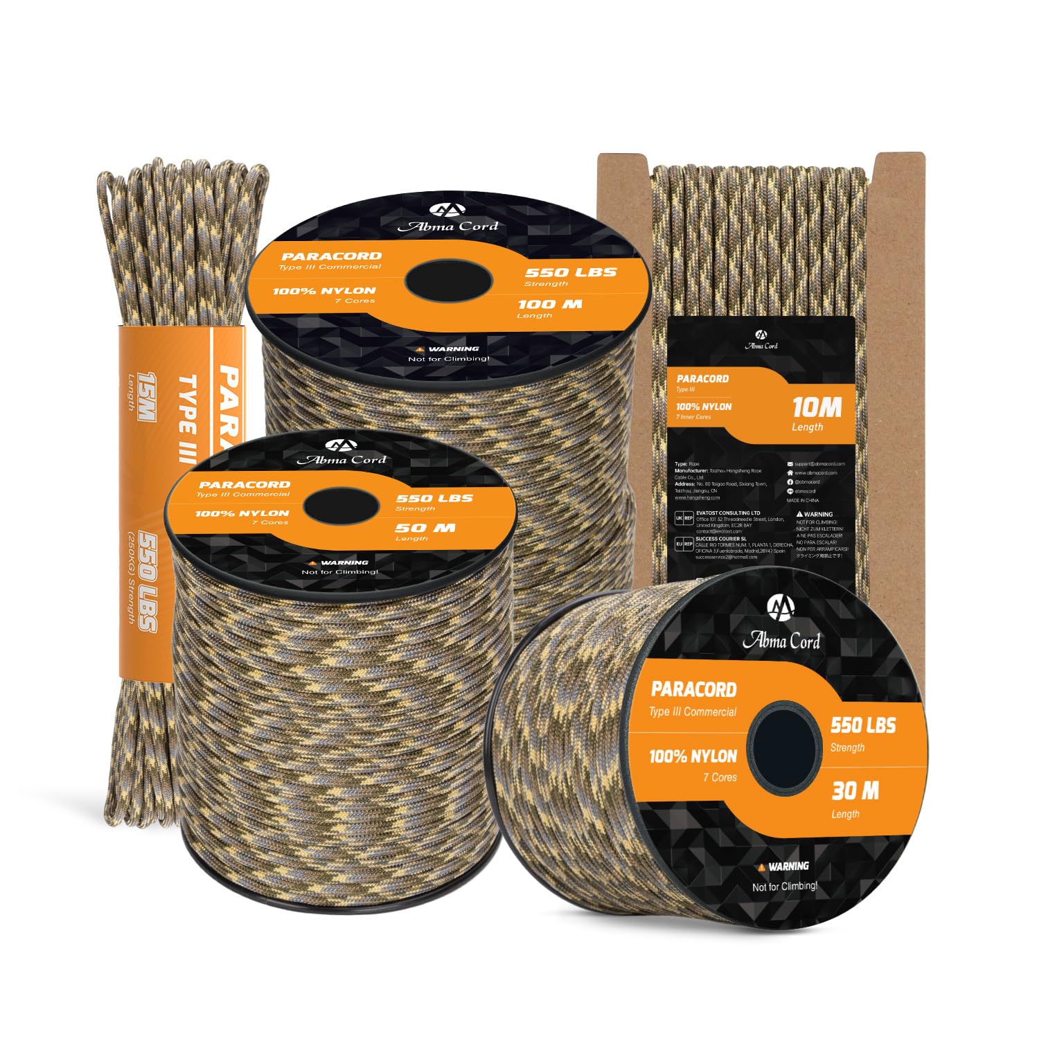 Abma Cord Paracord 550 4mm 15m 100% Nylon Rope Type III 7 Strands Parachute Cord for DIY, Camping, Survival, Outdoor - Max. 250kg - Woodland Camo