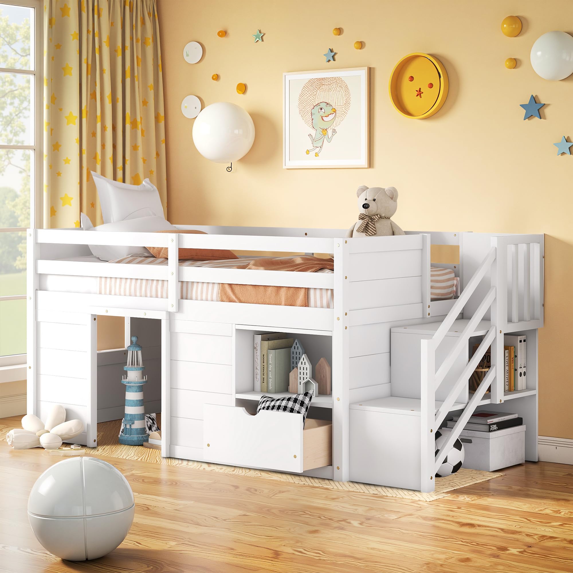 Photo 1 of *******PARTIAL SET******* Osparple Twin Size Low Loft Bed, Kids Bed Frame with Shelf, Drawer and Stairs for Girls, Boys, Loft Bed with Storage, Strong Wood Slats Support, White