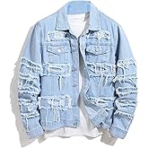 Oaovo Men's Denim Jacket Patchwork Fringe Jacket Slim Jean Jacket Streetwear Coat