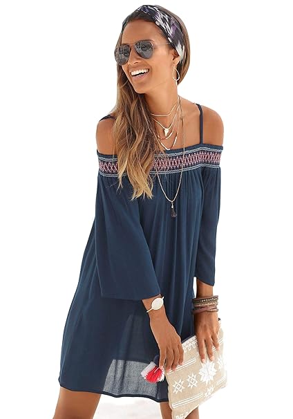 Finejo Damen Kleid Baumwolle Schulterfrei Strandkleid Beiläufig Sommerkleid Frauen Ärmellos Strand Kleid Boho Trägerkleid Sch