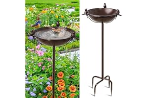YALINKA Freestanding Birdbaths Bowl Outdoor, Standing Garden Bird Bath Feeder Bowl with 3 Bird Statues, Birdbath & Birdfeeder with Metal Stake Garden Yard Lawn Decor (Brown)