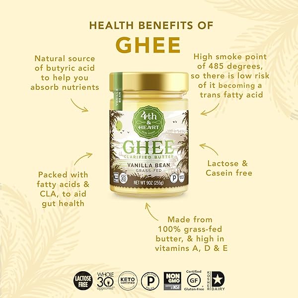 4TH & HEART VANILLA BEAN GRASS-FED GHEE, CLARIFIED BUTTER, KETO, PASTURE RAISED, NON-GMO, LACTOSE AND CASEIN FREE, CERTIFIED PALEO (9 OUNCES)