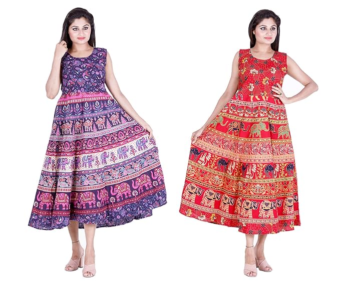 Combo Pack Jaipuri Print Cotton Long Maxi Dress Flared Long Kurti with Attached Short Sleeves (Free Size, Size-S-XXL) Purple