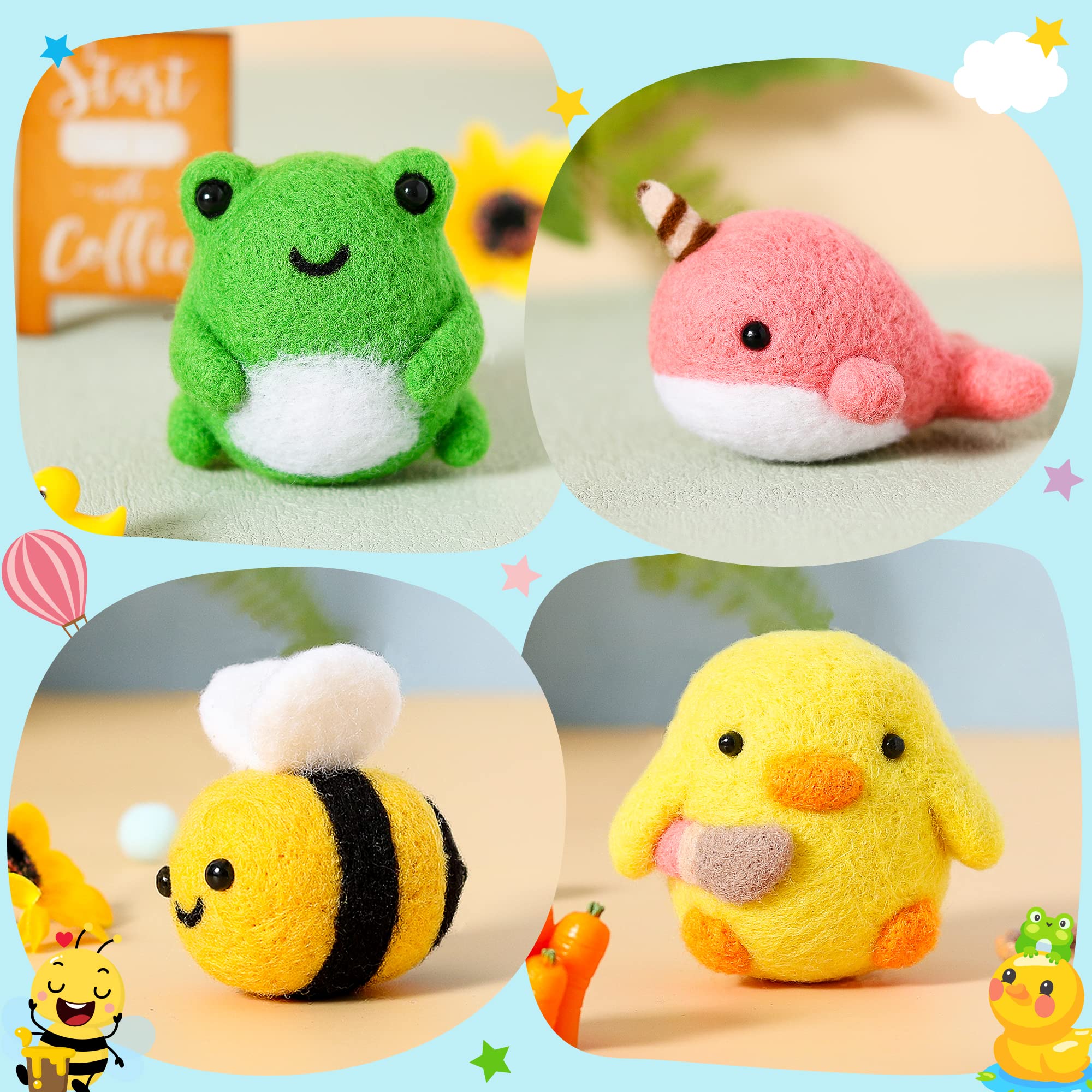 WATINC Set of 4 Cute Animal Needle Felting Starter Kit Frog Chick Bee Narwhal Animal Doll Wool Felting Tools Felt Needles Foam Mat DIY Needlework Craft Party Supplies for Beginners Adults Kids