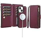 Antsturdy Compatible with Magsafe Magnetic 2 in 1 Detachable iPhone 15 Wallet Case with Credit Card Holder Slots,PU Leather Flip RFID Blocking Phone Cover Wrist Strap Zipper Women Men,Wine Red