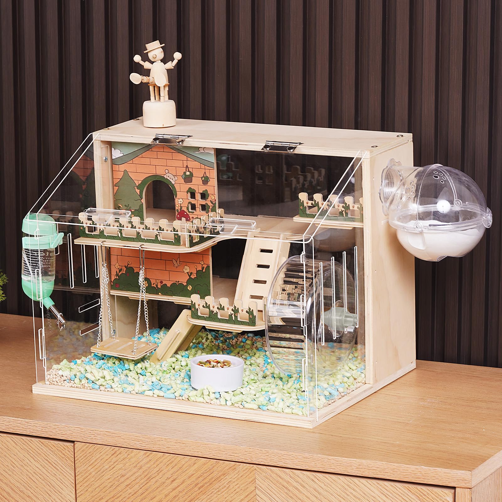 Photo 1 of 11 in 1 Wooden Hamster Cage with All Accessories, 15.8 Inch 3-Layer Dwarf Hamster Cage Acrylic,Small Animal Cages, Pastoral Style Mouse Cage for Pet Mice, Hedgehog, with Stairs, Fences and Swing
