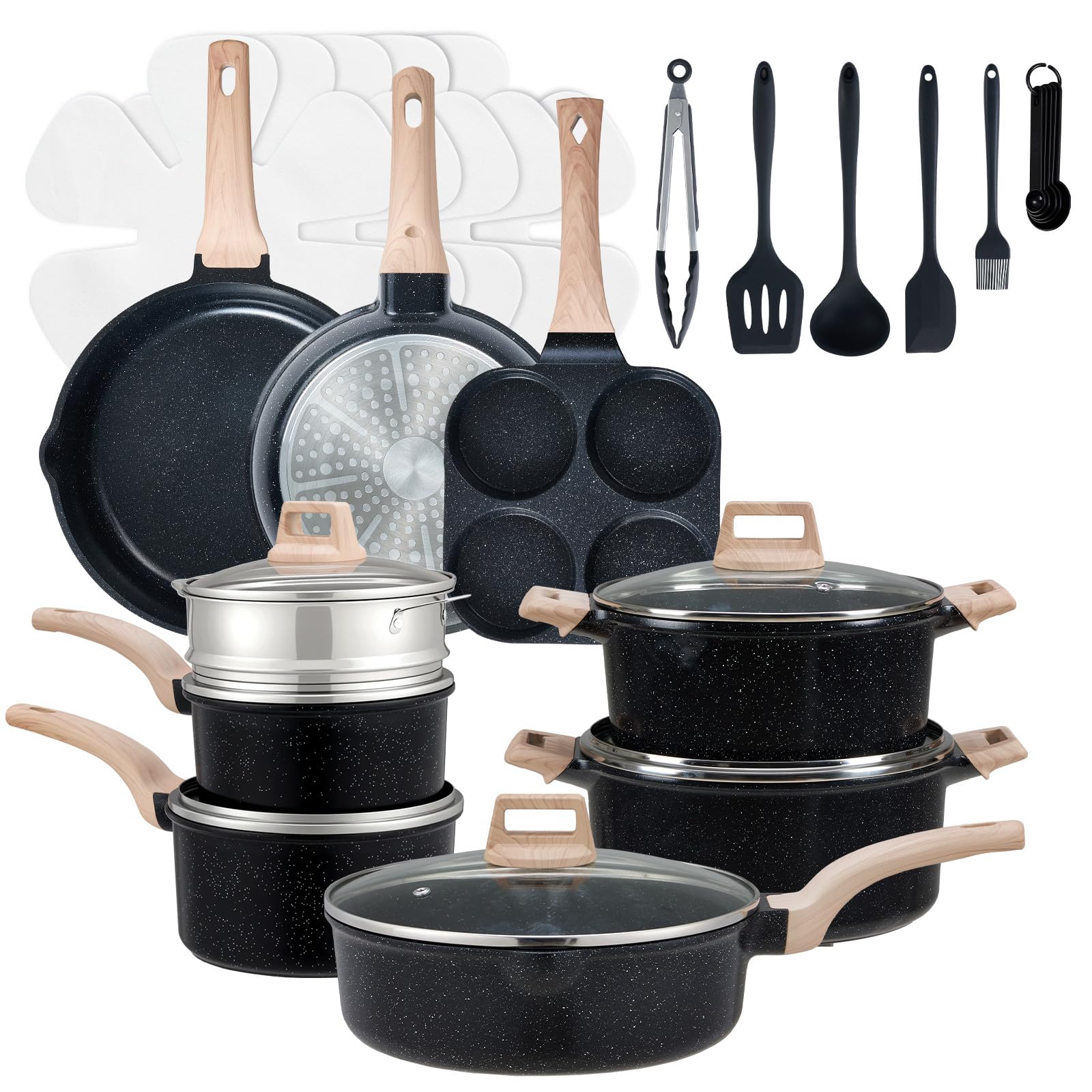 Sweetcrispy Pots and Pans Set, 25 Pcs Nonstick Cookware Set, Induction Kitchen Cooking Set, Non-Toxic Frying Pans & Saucepans (PFOA/PFOS Free) Black