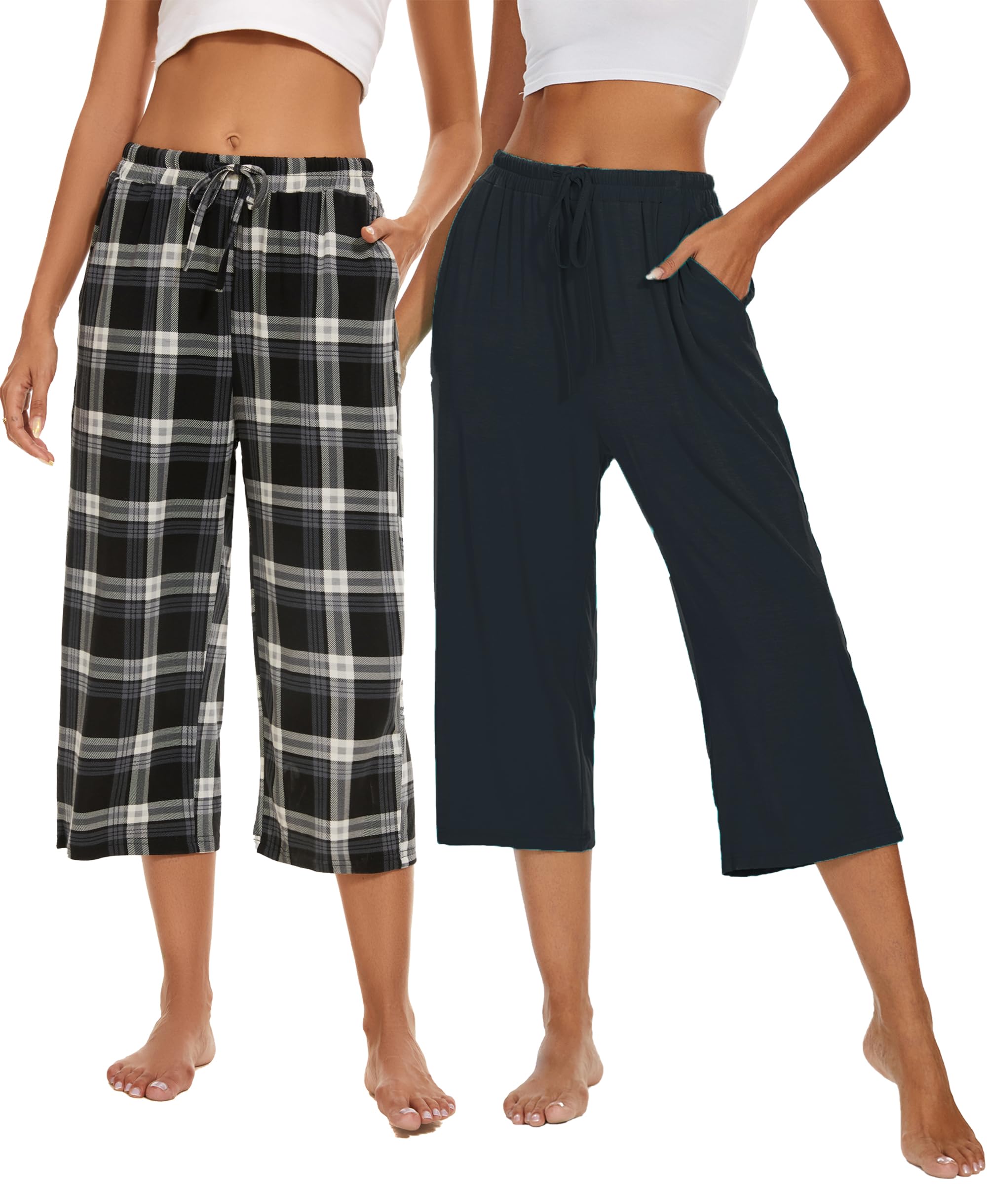 Kabento 2 Pack Womens Pajama Pants Capri Sleep Lounge Pants Drawstring ...