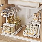 White Under Sink Organizer with 2 Hanging Cups,6 Hooks, 2 Pack Metal Kitchen Organizers and Storage,Adjustable 2 Tier Pull Ou