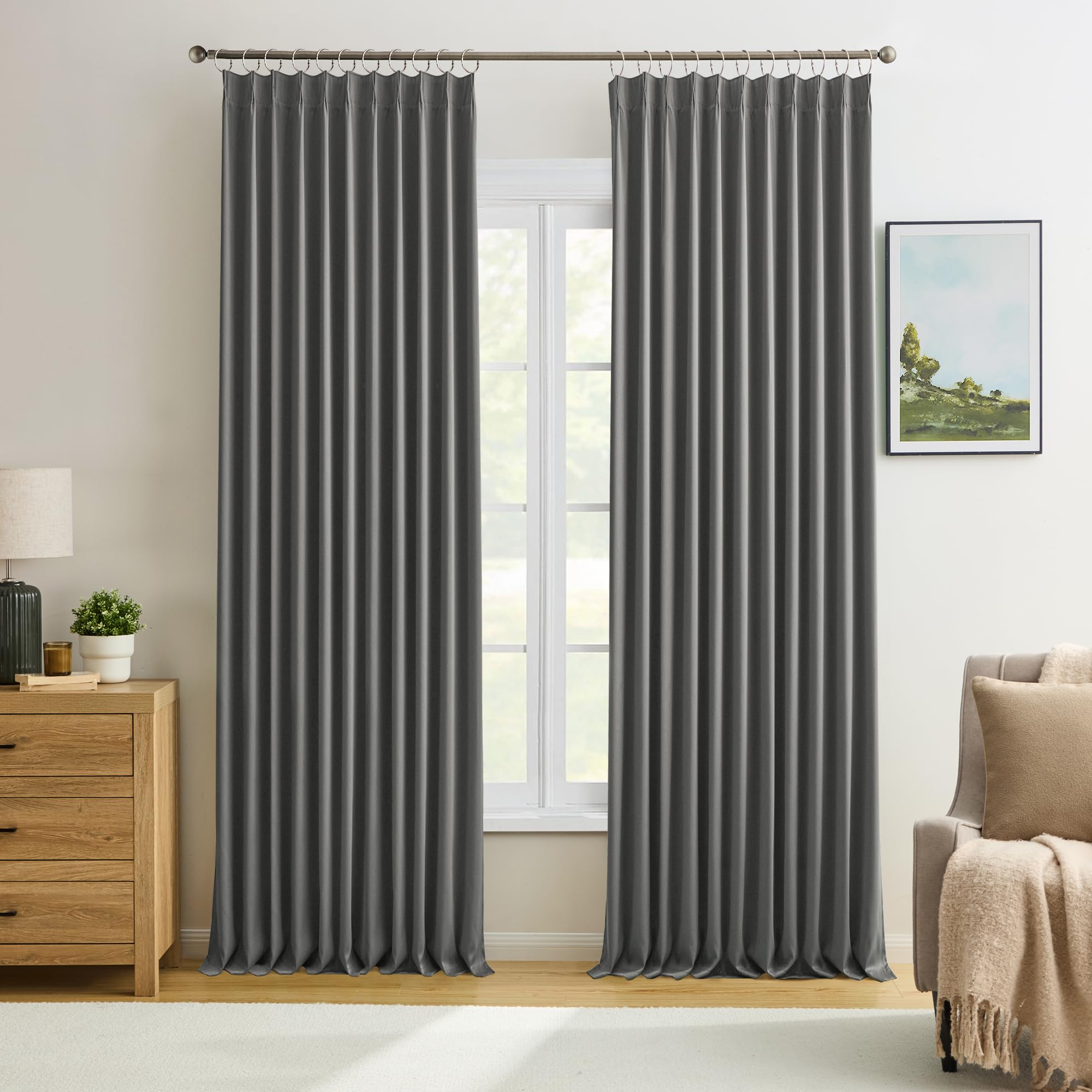 Photo 1 of KEQIAOSUOCAI Blackout Pleated Curtains 105 Inches Long, Privacy Window Drapes for Living Room/Dining Room/Bedroom, 72 Inch Wide x 105 Inch Long,Grey Color, Pinch Pleat with Hooks, 2 Panels