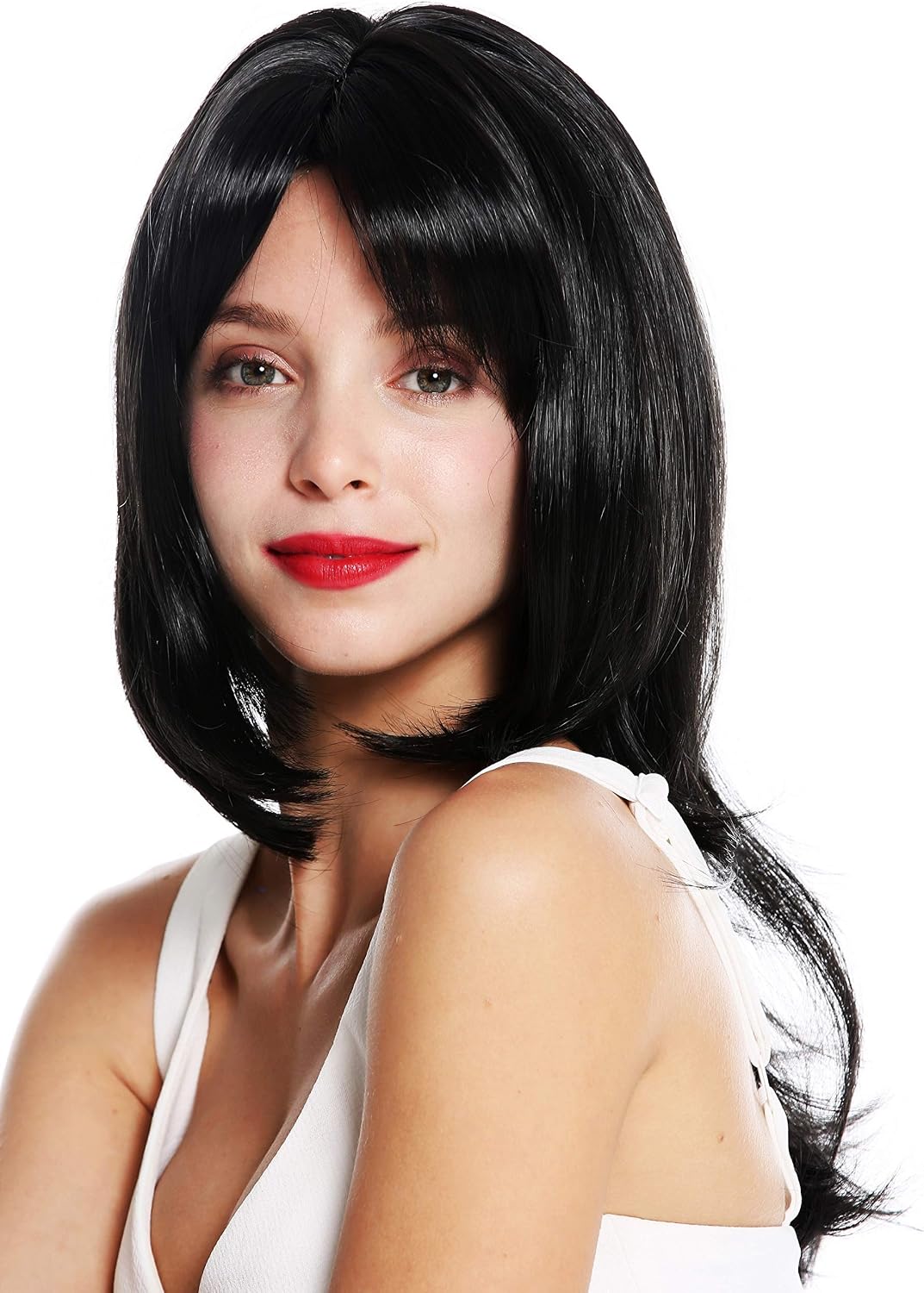 WIG ME UP - VK-28-1B quality women's wig medium length layered sleek waved tips black, Velvet black (1B), Länge: ca. 50 cm