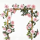 dallisten 2 Strands 73'' Artificial Silk Rose Flower Vines Garland, Fake Pink Roses Floral Green Leaves Hanging Plant for Wedding Arrangement Decoration, Wall, Party, Bedroom, Home Decor (Pink)