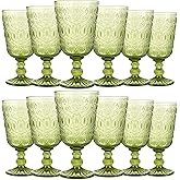 Eaasty Wine Glasses Set of 12 Vintage Goblet 9 oz Vintage Colored Glass Goblet Beverage Stemmed Glass Cups Romantic Embossed Glassware for Wedding Party Holidays Anniversary (Green)