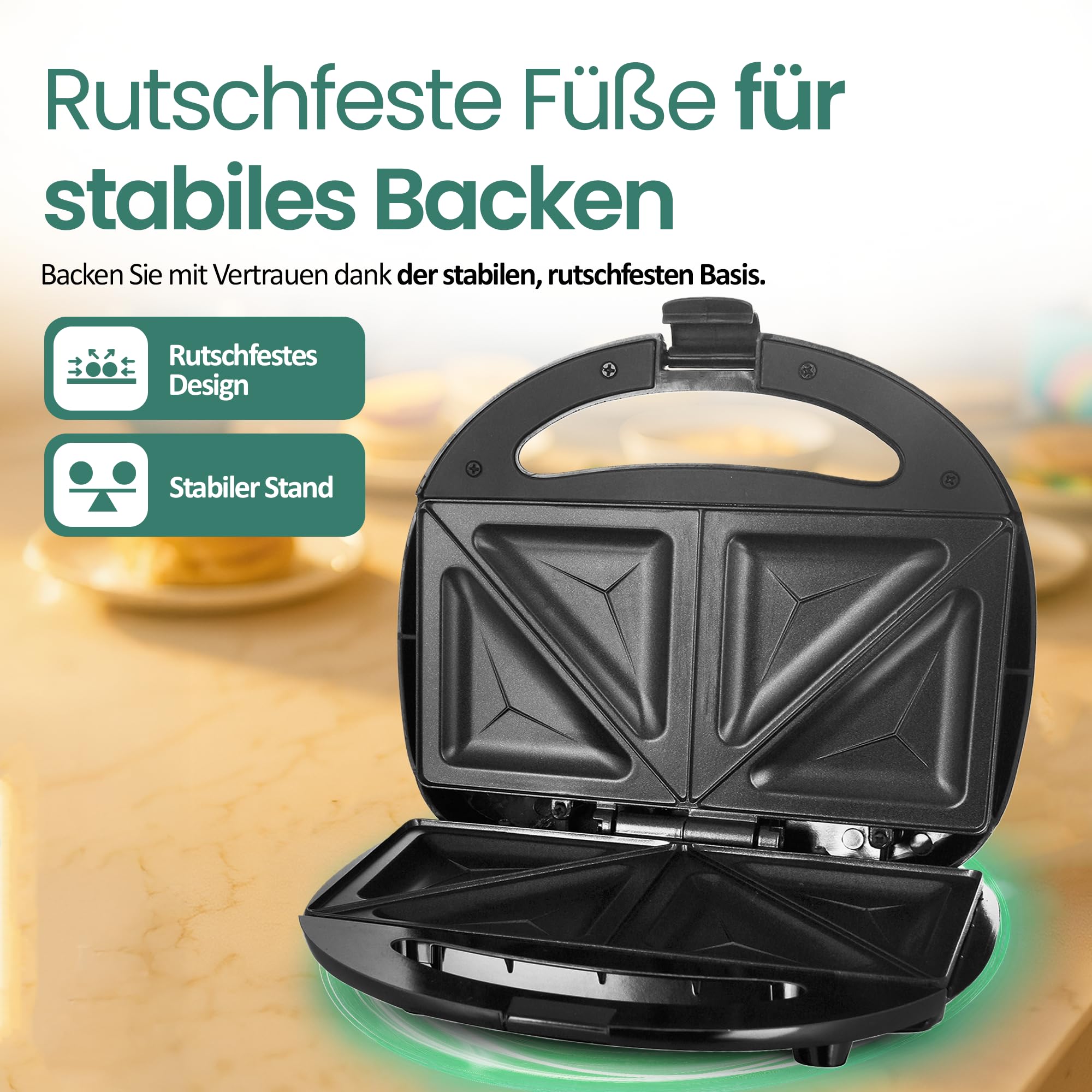 Emerio Doppel Sandwich Maker, BPA frei, klassische Form für dreieckiges Sandwich, leicht zu reinigen, Antihaftbeschichtung, heizt schnell auf, 750 Watt, Schwarz 5
