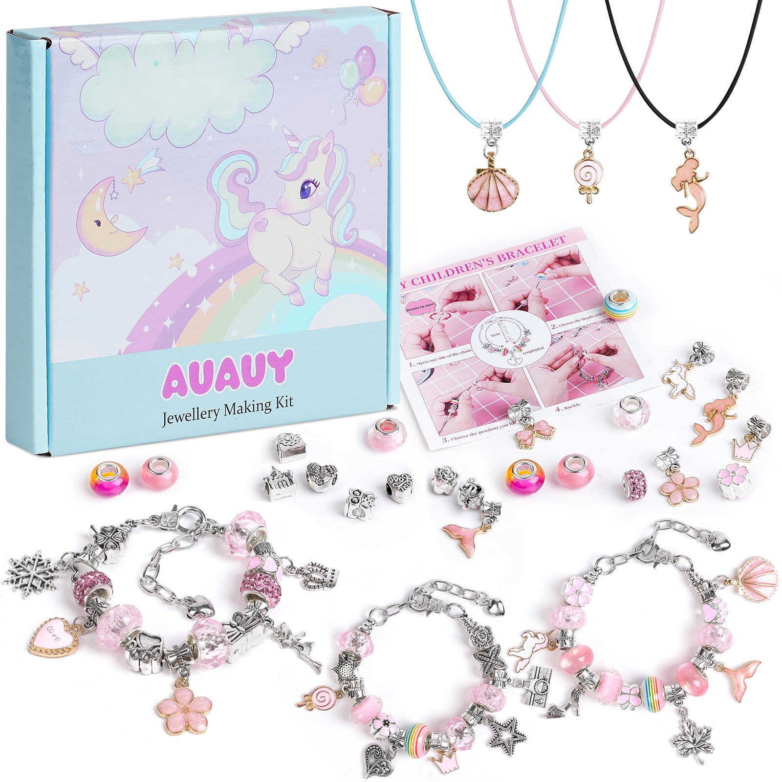 AUAUY Charm Bracelet Making Kit for Girls, 66pcs Gifts for Girls Bracelet Making Kit, Jewellery Making Kit, Arts and Crafts for Stocking Fillers for Girls Age 15+ (Pink)