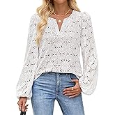 MEROKEETY Women's Eyelet Long Sleeve Shirts Tops Dressy Casual Fall Trendy Flower Lace Boho Crochet Blouses