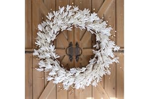 Bibelot 20inch Artificial Forsythia Flower Wreath Spring Summer Fall Wreath Silk Leaves Wreath for Front Door Wreath Porch Farmhouse Patio Garden Home Decor (White)