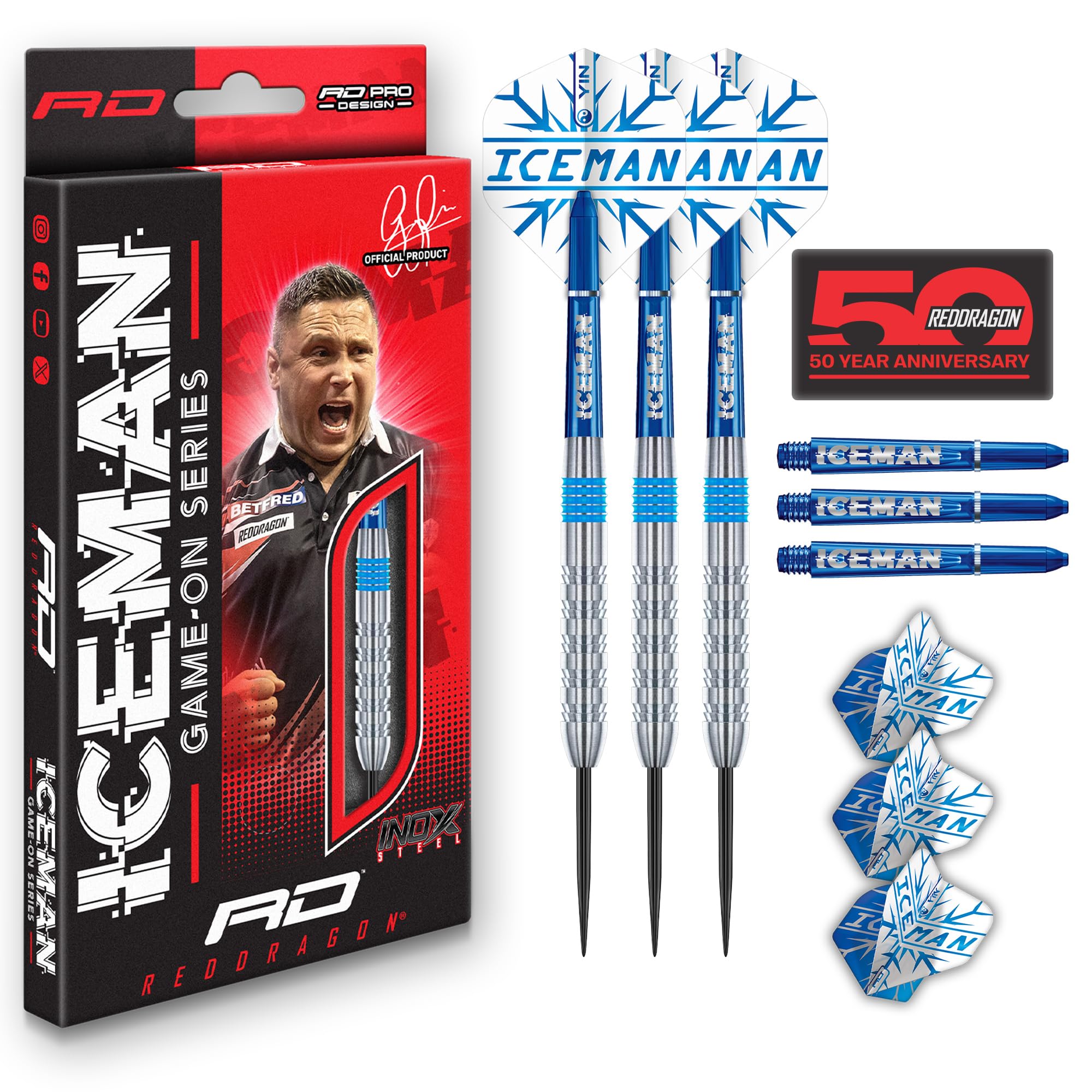 RED DRAGON Gerwyn Iceman Price Game On Series 20g Steeltip Darts Set with Dart Flights and Dart Shafts (Stems)