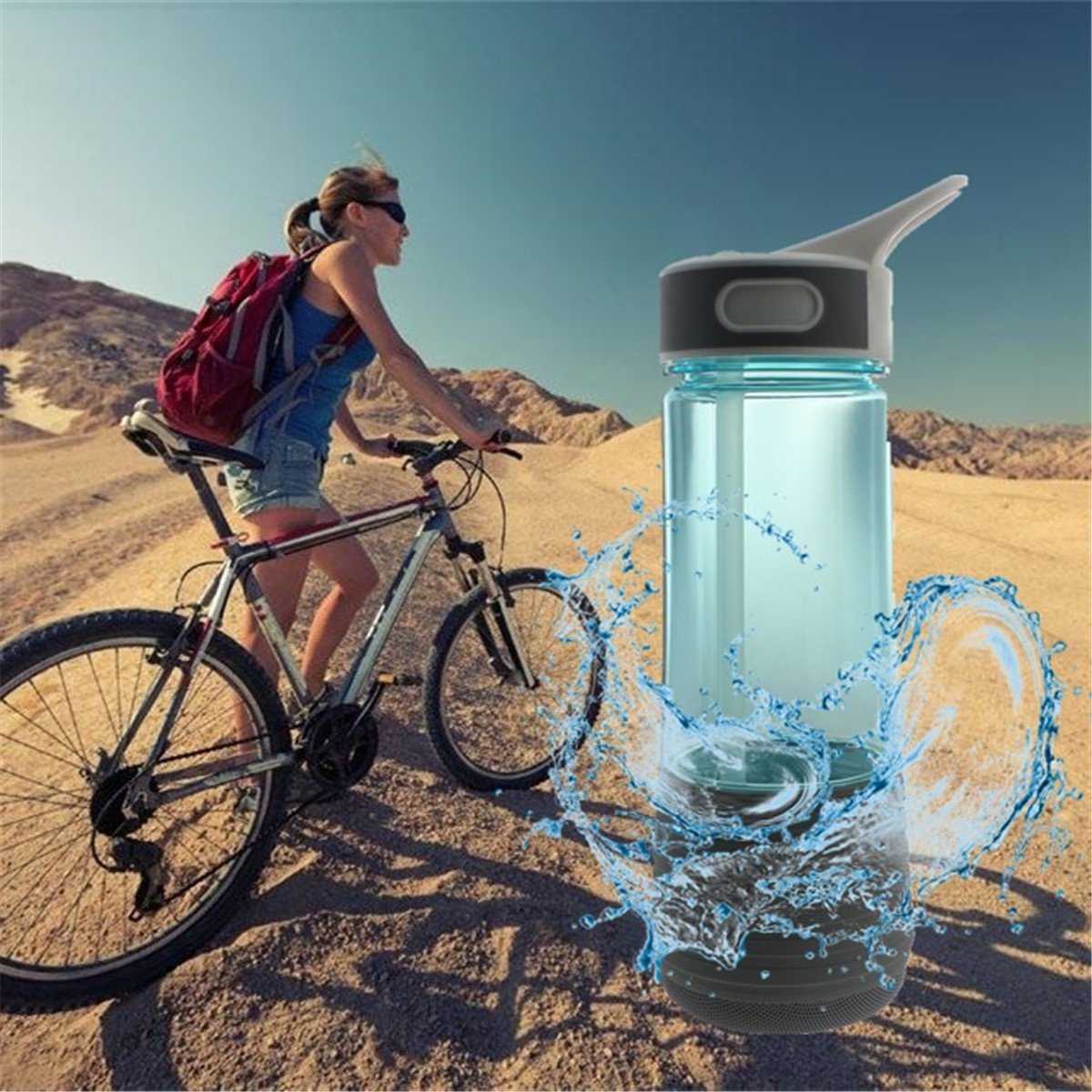 cAoku 3 in 1 Drink Water Bottle with Straw & Bluetooth Outdoor Speakers & Safety Light | BPA Free Water Bottle | Wireless IPX7 Waterproof Rechargeable Stereo Mini Speaker | Strobe Light