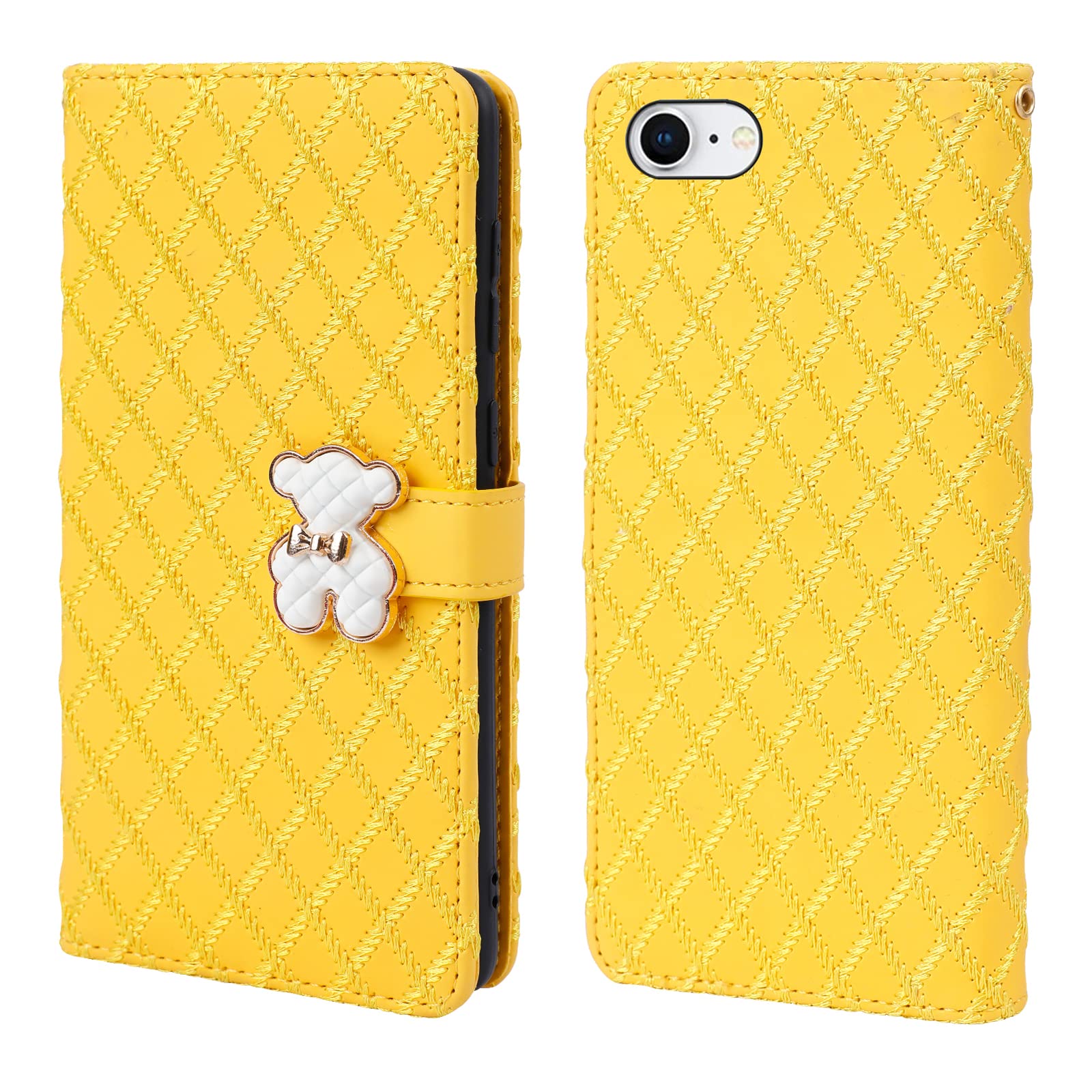 Tiyoo iPhone 7/8/SE Phone Case with Card Holder, 3D Metal Bear Magnetic Closure, Embroidered Yellow Wallet Case for Girls(iPhone 7/8/SE)