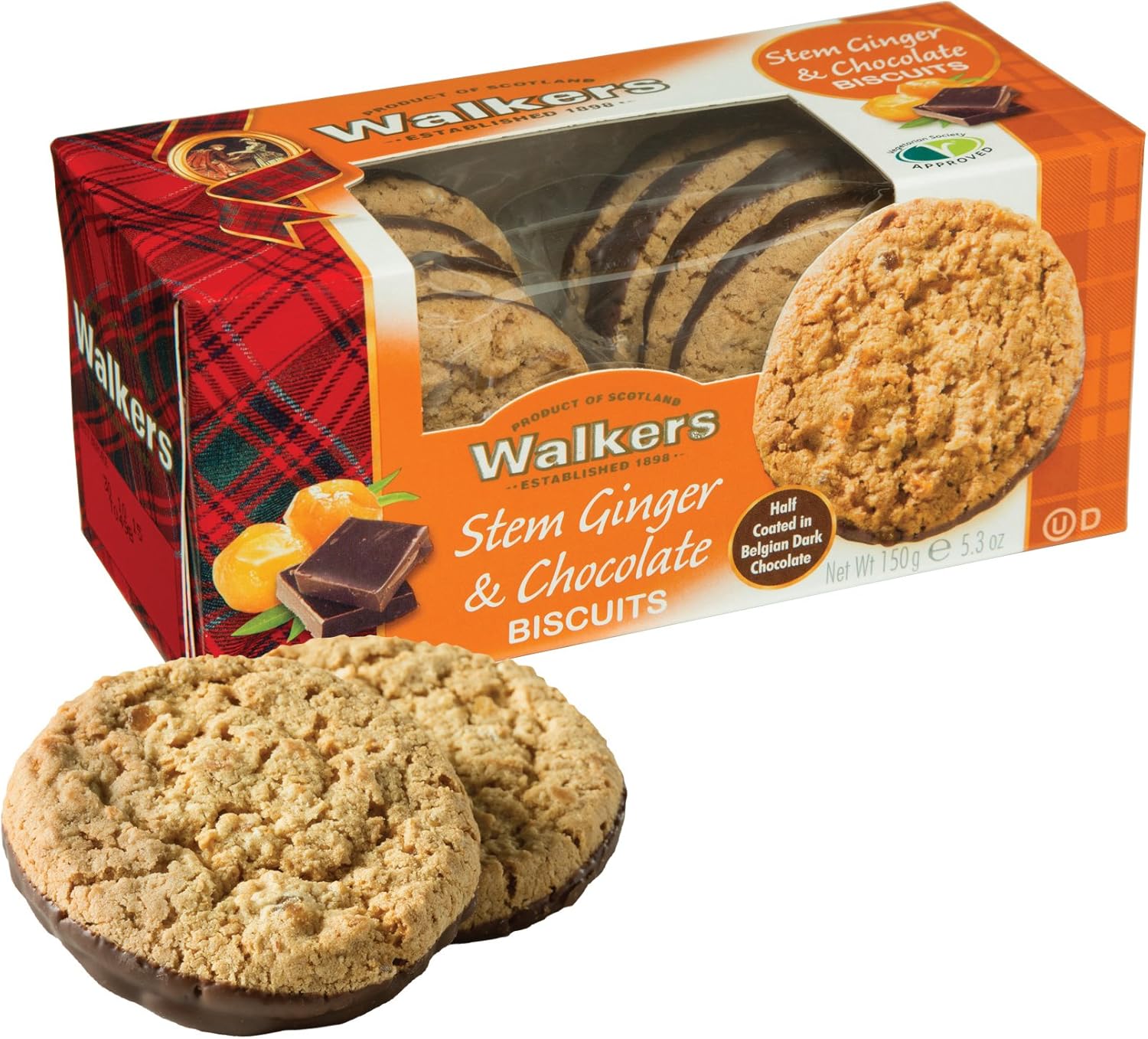 Walkers Half Coated Plain Chocolate and Stem Ginger Biscuits, 150g