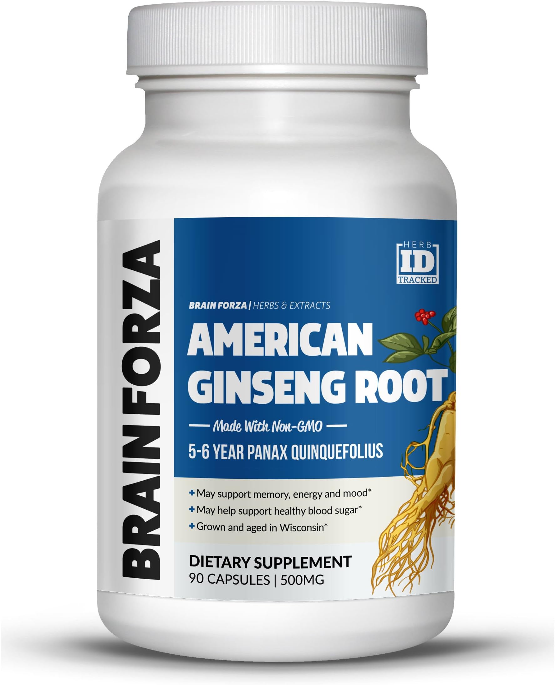 Brain Forza American Ginseng Root Grown in Wisconsin (5-6 Year Aged) for Memory and Blood Sugar Support, 90 Capsules