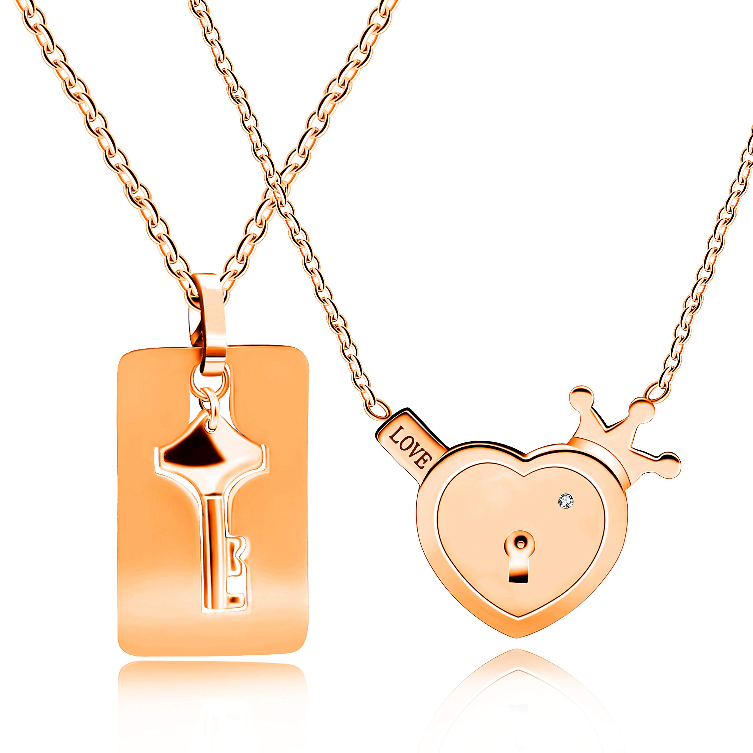 Uloveido Rose Gold Plated Lock Key Pendant Necklace His and Hers Couples Jewelry, Crown Love Heart Lock & Shield Key Necklaces Set Y844 — image 1