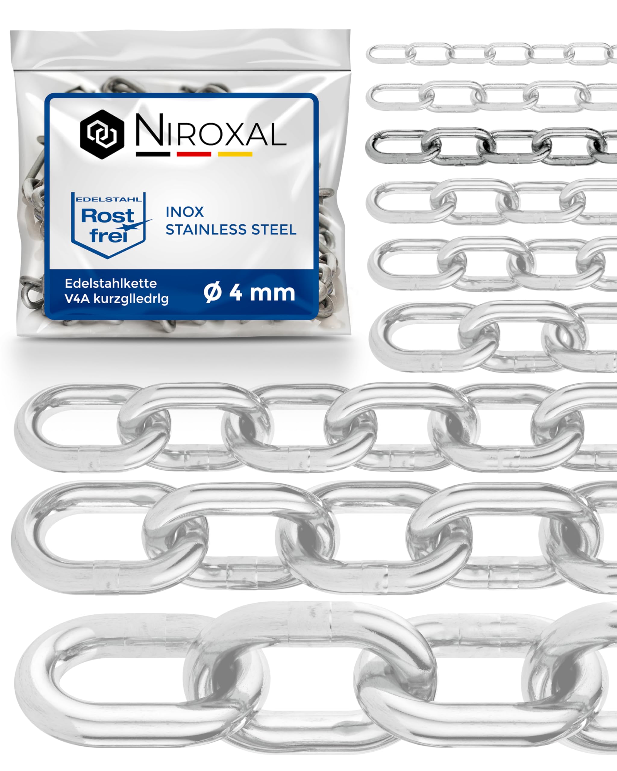 Stainless Steel Chain Short Link 316 Marine Grade A4 DIN 766 DIN 5685 4 mm 9 m Round Link Chain Rust Resistant Decorative Outdoor Chain NietFullThings