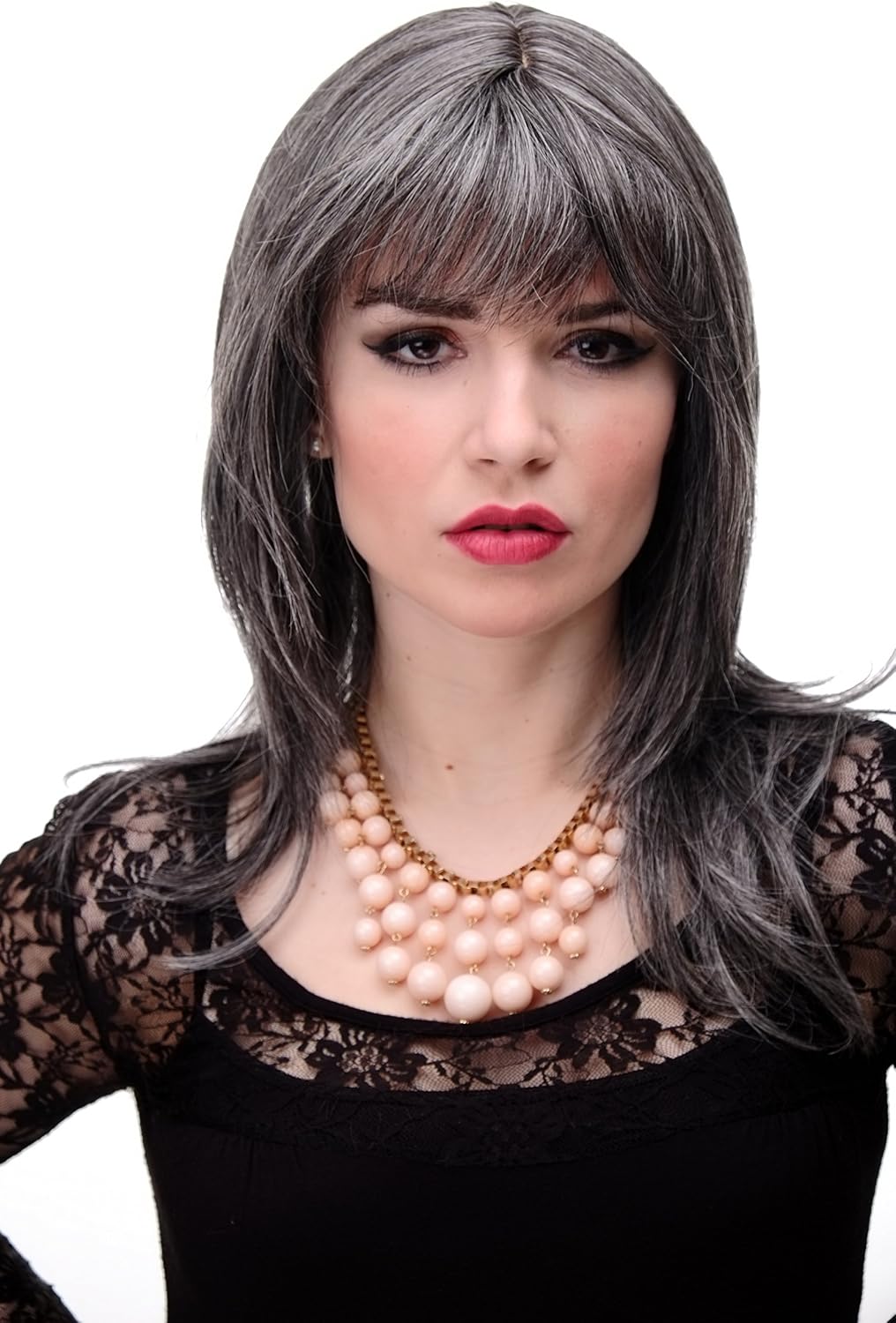 WIG ME UP 3003-44 Lady Quality Wig long medium length naugthy long bangs (can part to side) straight layered medium dark grey approx 19,5inch
