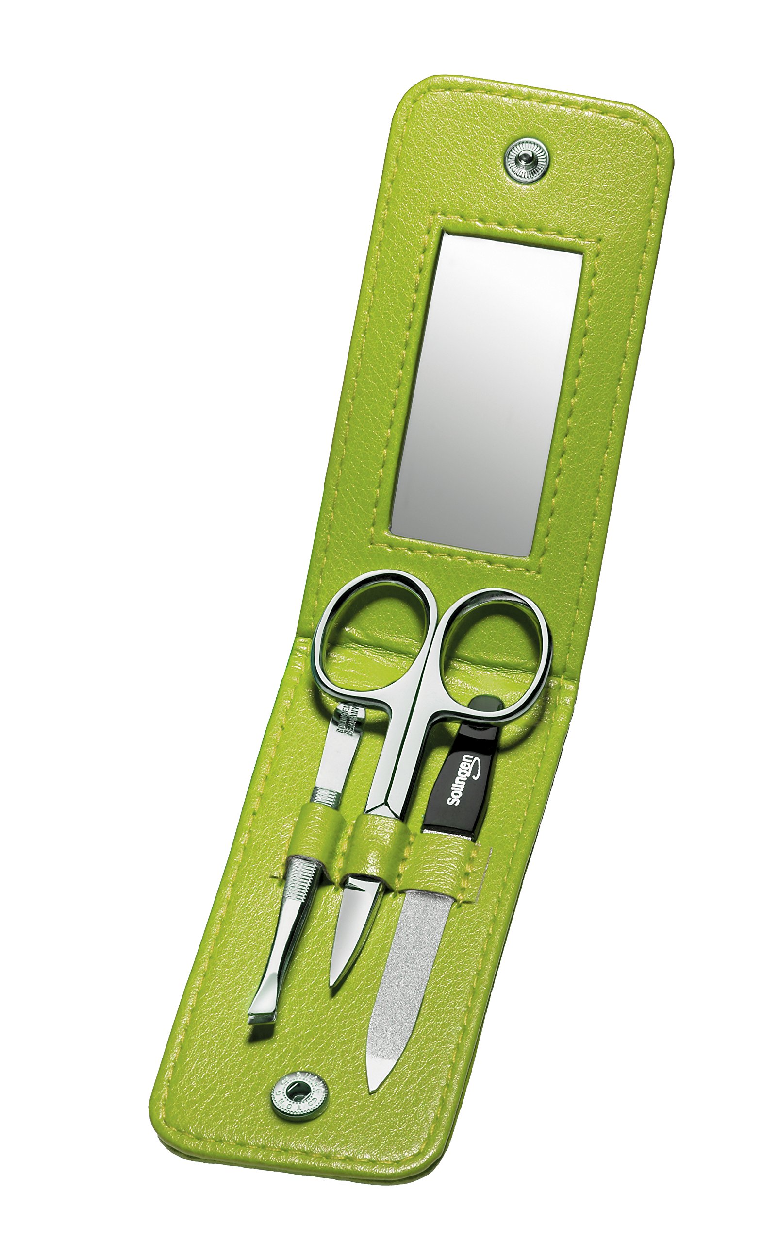 Clauss Real Leather Manicure Case with Mirror, Green - 3-Part