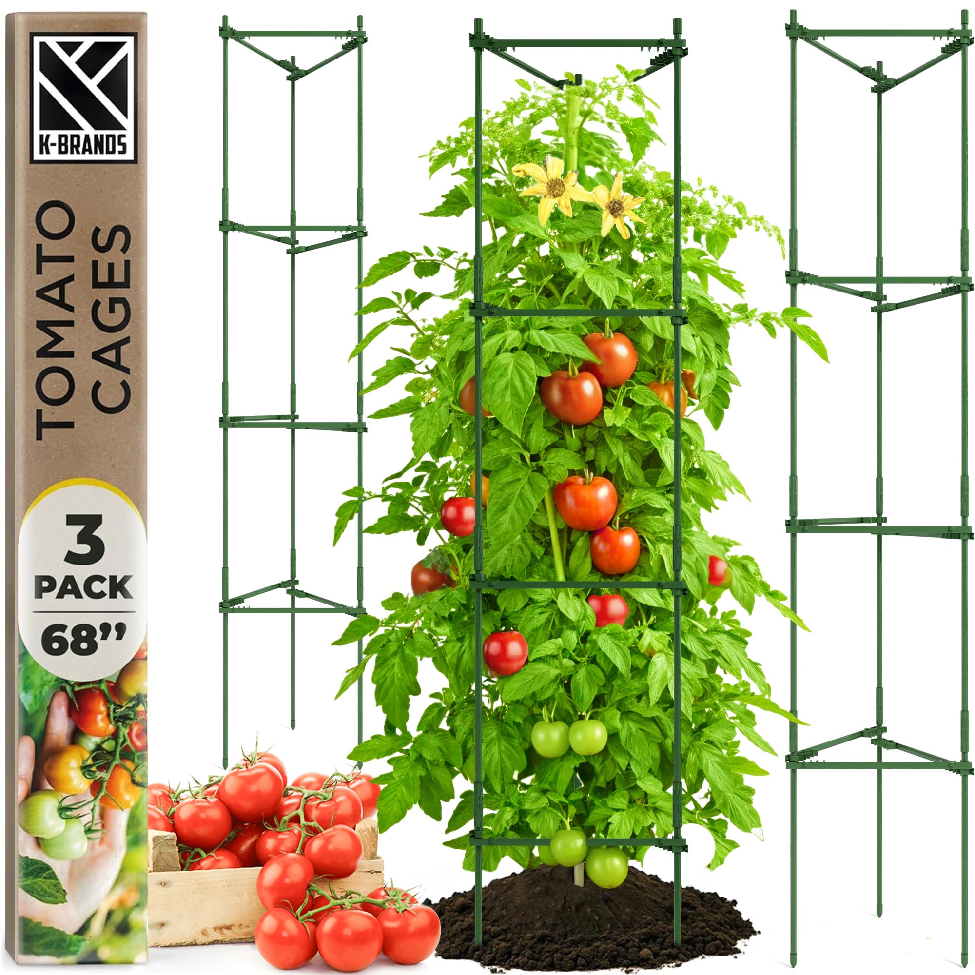 K-Brands Tomato Cage (173 cm, Set of 3) - Extra Tall Climbing Plant Stakes Support Cages Trellis for Garden and Pots
