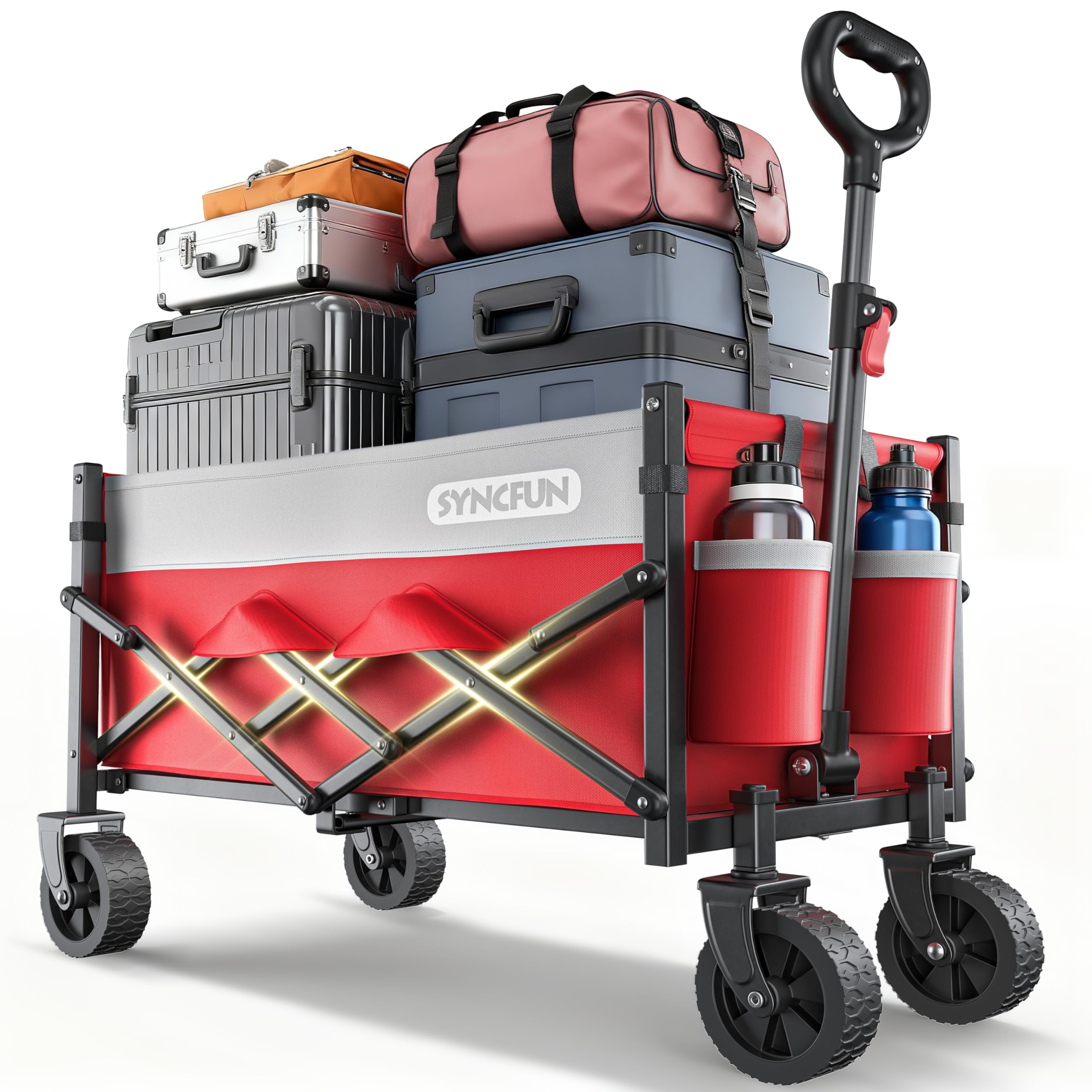 Photo 1 of [Missing Wheels] SYNCFUN Collapsible Wagon Cart Foldable 300lbs, Portable Rolling Shopping Carts on Wheels, All Terrain Folding Sport Beach Wagons for Sand, Heavy Duty Utility Cart for Groceries Fishing, Red