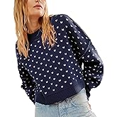 TUREAU Womens Cropped Pullover Sweater Floral Print Chunky Knit Y2K Sweater Crewneck Long Sleeve Casual Fall Winter Tops(L,Blue)