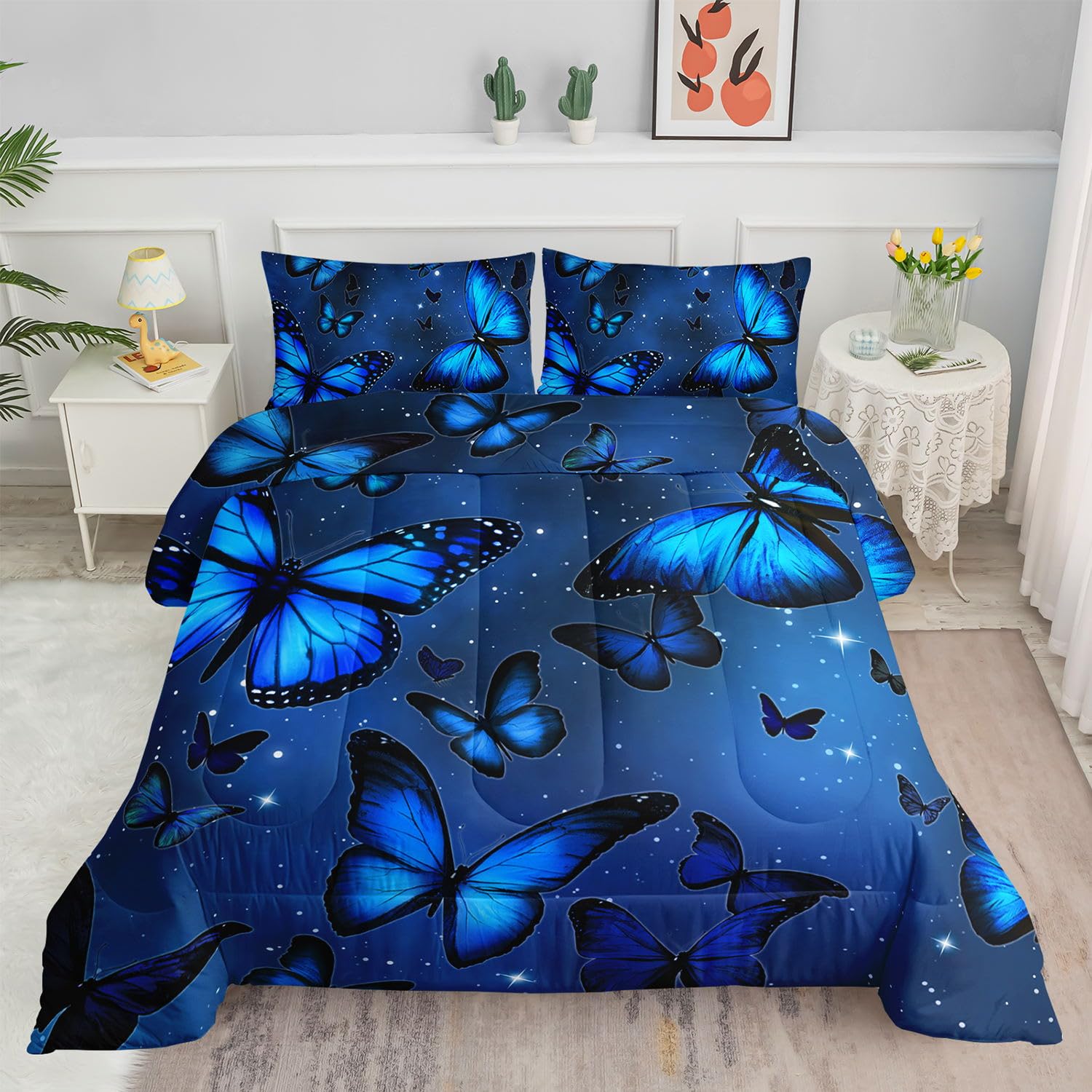 Photo 1 of Smell Sunshine Blue Butterfly Comforter Set 3D Butterfly Printed Bedding Set with 1 Comforter and 2 Pillowcases for Boys and Girls Bedroom All Season(Butterfly Twin)