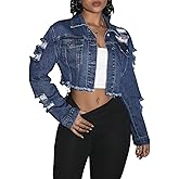 WDIRARA Women's Distressed Button Down Denim Jacket Raw Hem Y2k Cropped Jean Jackets