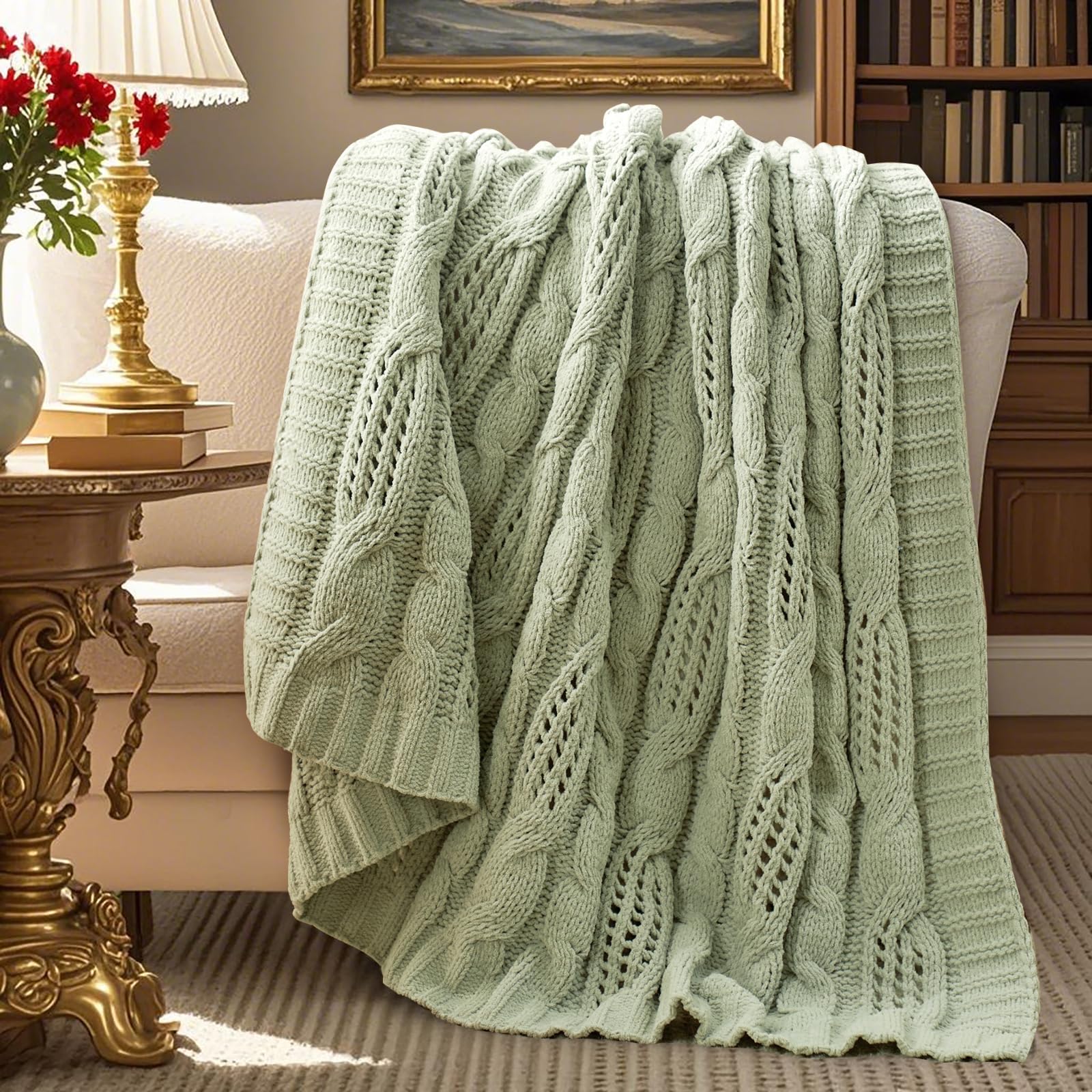 Photo 1 of Amélie Home Chunky Knit Chenille Throw Blanket, Breathable Cable Knitted Blanket for Couch, Farmhouse Decorative Throw for Sofa Chair Bed, 50"x60", Sage Green
