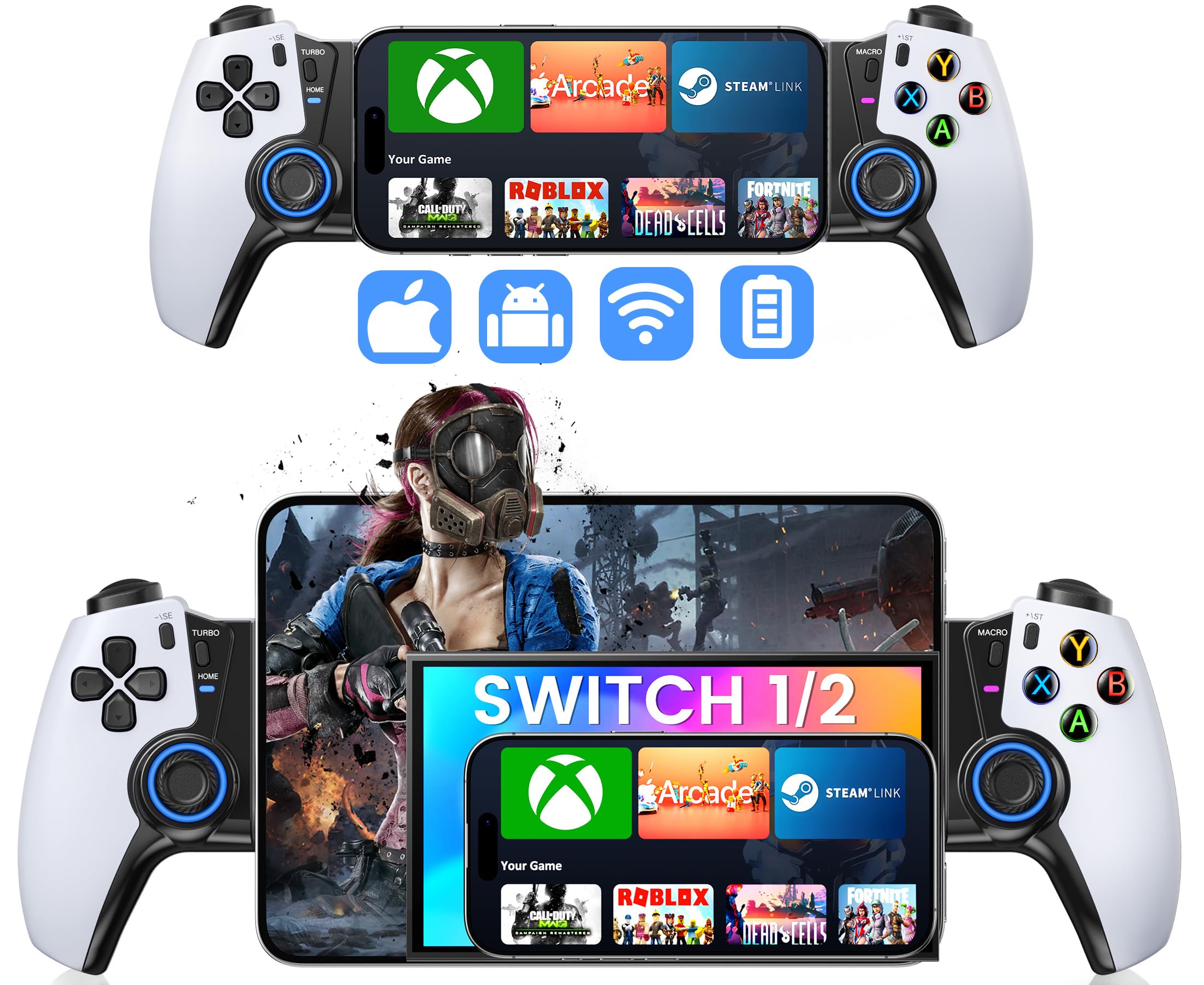 Photo 1 of Wireless Phone Controller for iPhone/Android/Switch 1/2/OLED/iPad Mini With Hall Joystick, LED Mobile Gaming Controller for iOS Support Xbox Cloud, Steam Link, GeForce Now, Arcade,Call of Duty, Roblox