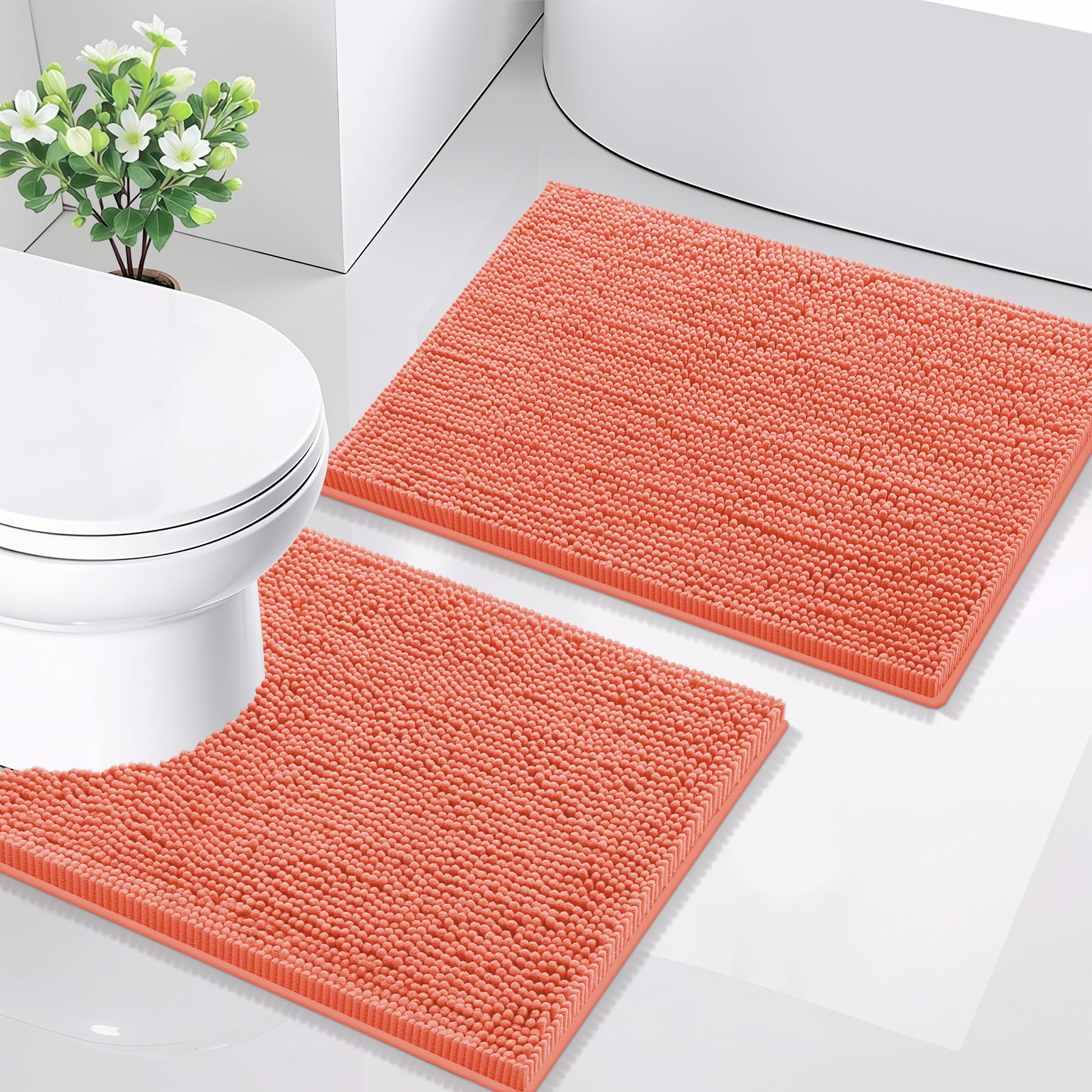 Smiry Bathroom Rugs Set 2 Piece, Soft Absorbent Chenille Bath Mat and U-Shaped Toilet Rug Set, Non Slip Shaggy Bath Carpet for Tub, Shower and Floor (24x16+24x20, Coral) Image