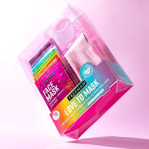 FREEMAN 14 PIECE LOVE TO MASK VARIETY PACK, FACIAL MASKS FOR ALL SKIN TYPES, HYDRATE, DETOXIFY, & CLEAR SKIN, EXFOLIATING SCRUB, BONUS HEADBAND AND SKIN BUFFER, FACE MASKS ARE CRUELTY-FREE & VEGAN