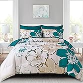 Anibedding 7Pieces Teal Grey Floral Comforter Set Queen Size, Soft Microfiber Grey Blue Bed in a Bag Comforter Set with Sheets for All Season