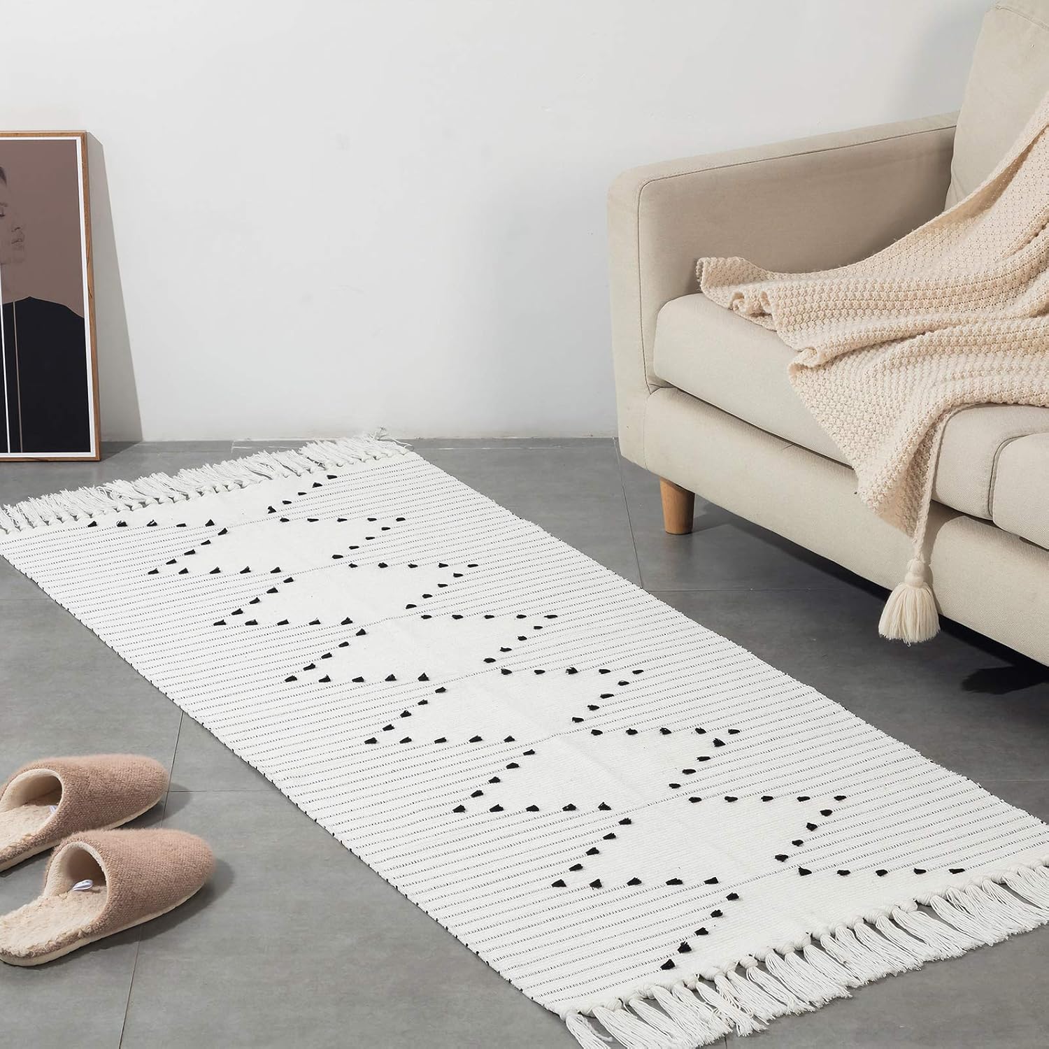 Boho Kitchen Rug Runner Cotton Woven, Washable Bathroom