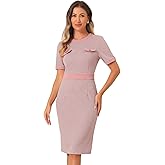Allegra K Business Houndstooth Dress for Women's Sheath Work Pencil Short Sleeve Dresses